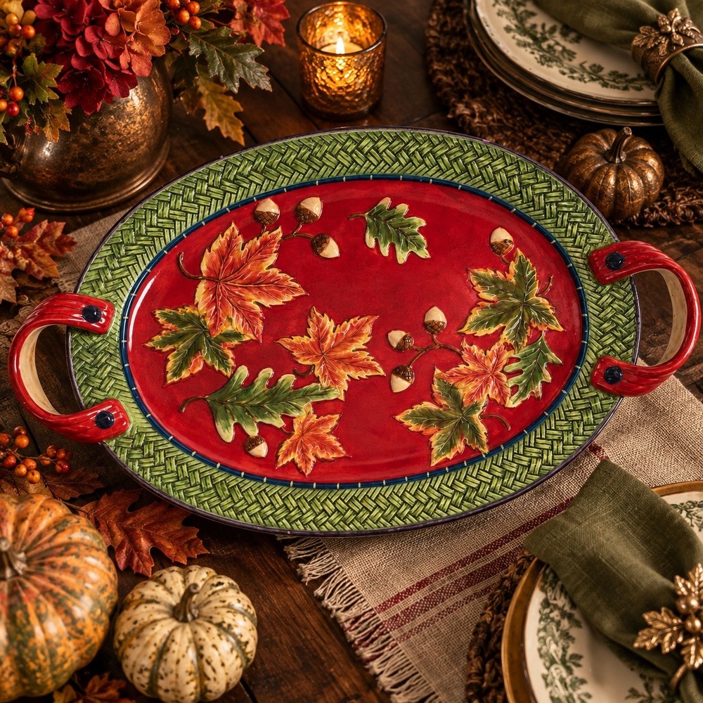 Large Thanksgiving Platter Fall Leaves Acorns Harvest Ceramic Serving Tray Decor